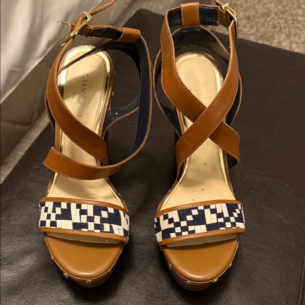 Gianni Bini Tan and Navy Heeled Sandals